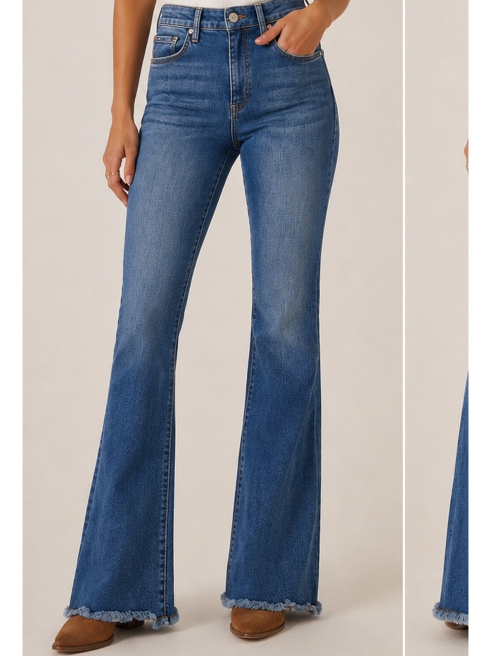 Free People Flare High Rise Blue Denim Frayed Hem Jeans Size 30